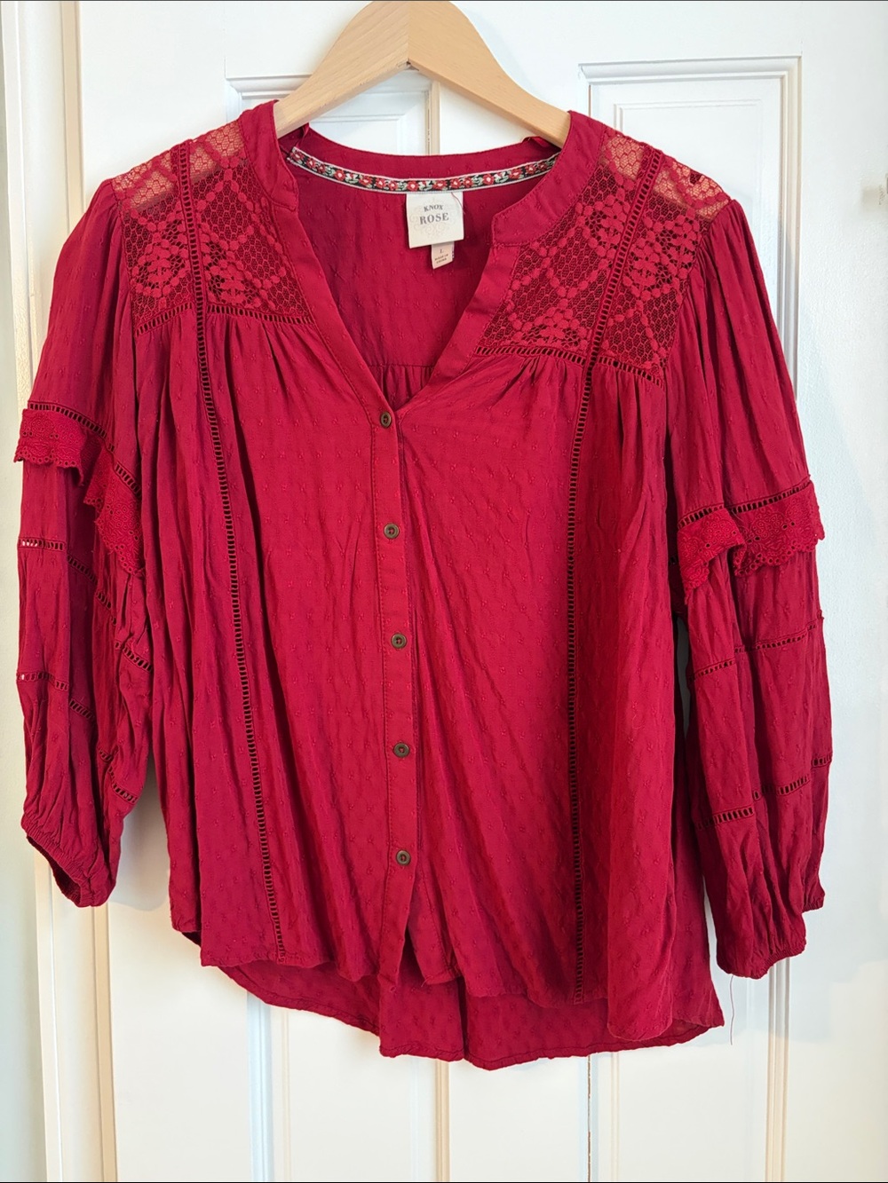 Knox Rose Lace Yoke Button-Front Blouse - Red